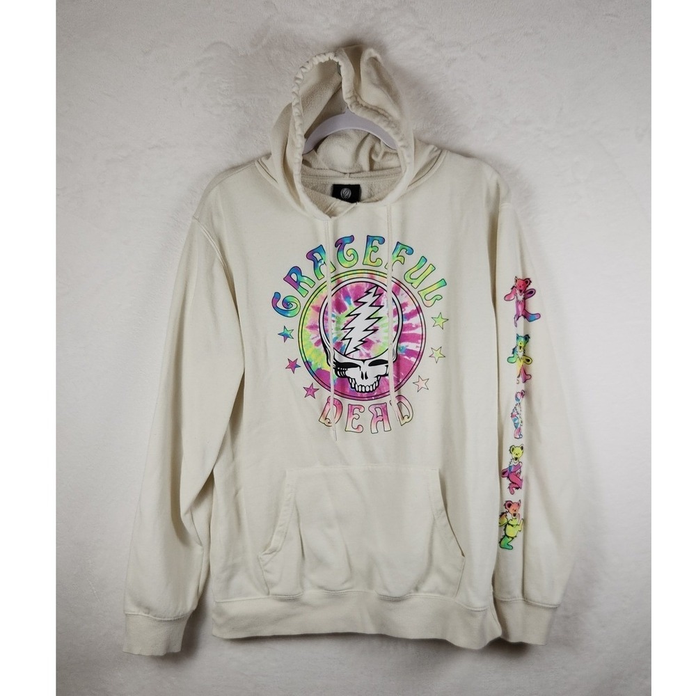 Grateful Dead Cream Tie-Dye Skull Pullover Hoodie Men's Size Medium.